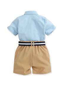 SHEIN 2 piezas/set Ropa informal cómoda para niño pequeño, camisa de manga corta con botones y bordado de caballo, junto con shorts caqui para primavera/verano - Azul - Ver 2
