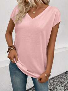 SHEIN LUNE 女士夏季純色V領短袖休閒T恤 - 粉色 - 查看 5