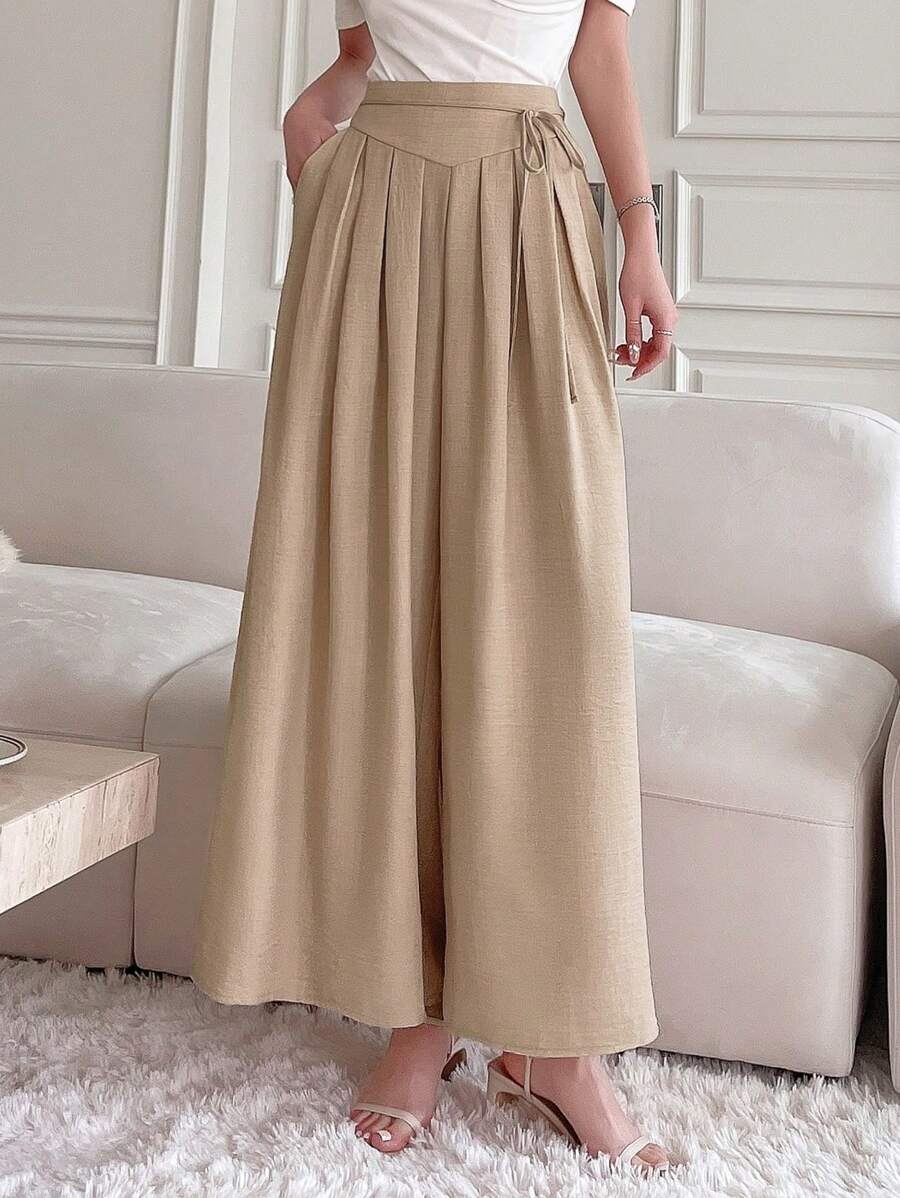 DAZY 女士高腰飘逸阔腿休闲商务裤、返校服、教师裤 - 杏色 - 查看 1