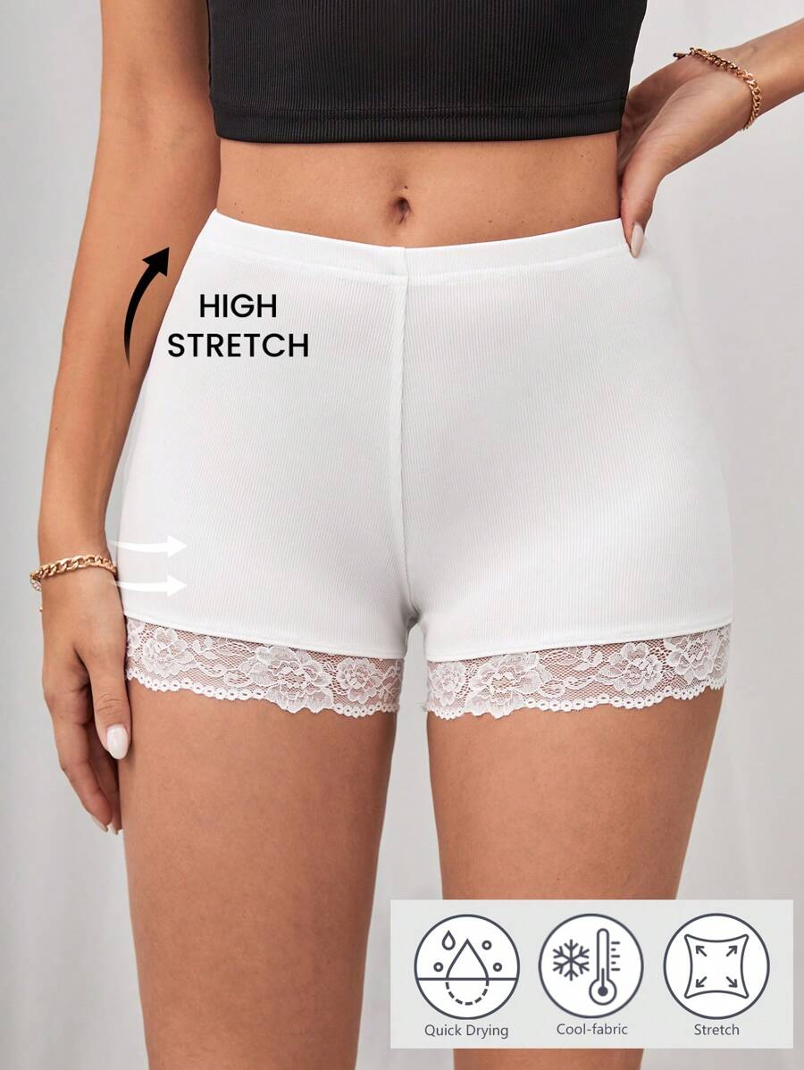 SHEIN Tall 女性高腰蕾絲拼接透濕排汗彈性白色緊身褲 - 白色 - 查看 1