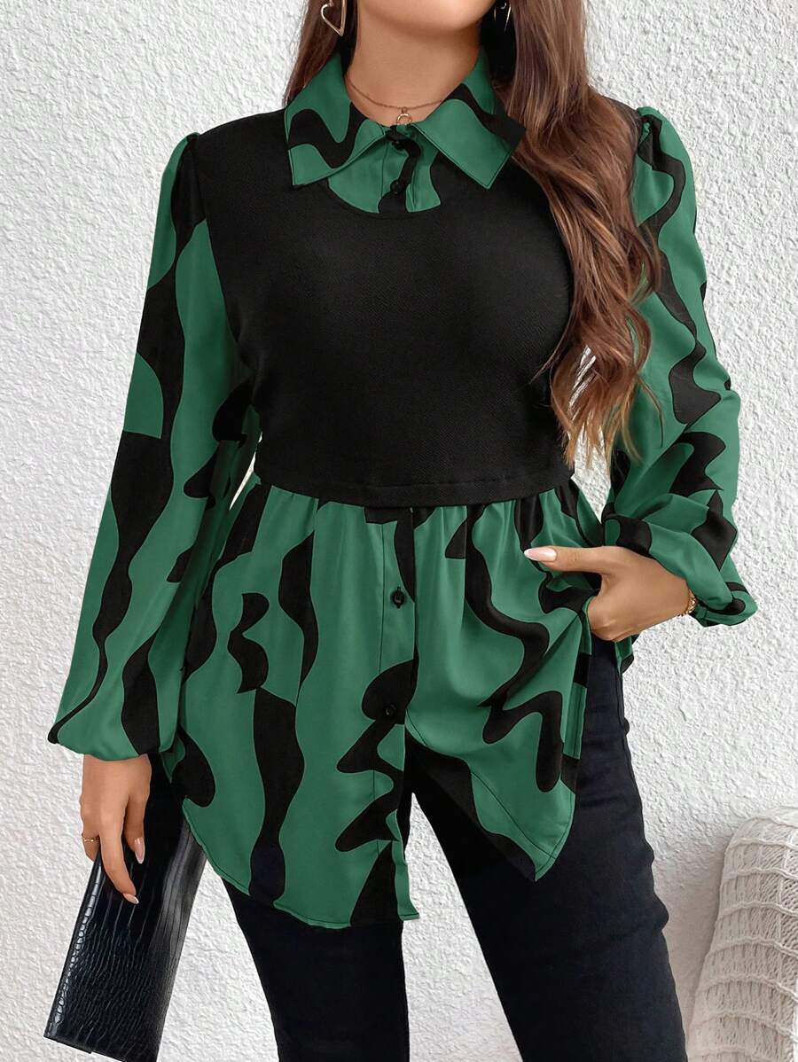 SHEIN LUNE Plus Size Women's Leopard Print Long Sleeve Shirt Collared Top, Fall - Dark Green - View 1