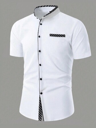Manfinity Mode Men's Short Sleeve Casual Shirt With Stripes And Stand Collar For Summer, Boyfriend Gift