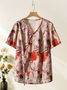 Lacomfia Plus Size Women's Random Printed Short Sleeve Top And Solid Color Pants Simple Daily Wear 2pcs Set, Retro Casual Vintage Fashion Loose Set Spring Summer