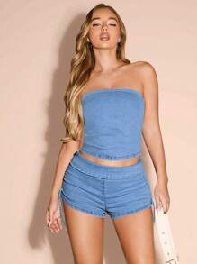SHEIN BAE Pleated Denim Bustier Top&Summer&Summer Women Tops&Tops&Country Concert - Blue - View 6