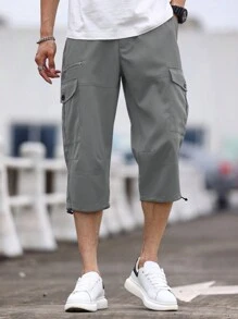 Manfinity Homme 男士纯色口袋设计七分休闲裤 - 灰色 - 查看 4