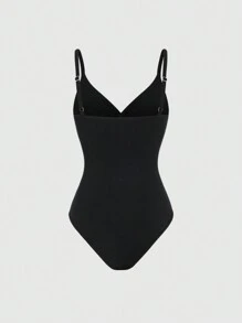 SHEIN Unity Bộ đồ liền thân màu trơn mùa hè dành cho nữ Vòng eo xoắn có dây đai - màu đen - Xem 2