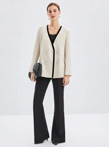 BizChic Women's Regular Fit Collarless Coat With Double-breasted Buttons And Contrast Trim - Apricot - View 8