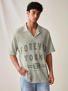 Manfinity VCAY Men's Fashionable Casual English Printed Polo Short Sleeve Loose Shirt For Everyday Wear - Olive Green - View 1