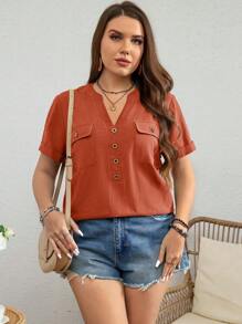 SHEIN LUNE Women's Plus Size Solid Color Simple Daily Short Sleeve Shirt - Rust Brown - View 4
