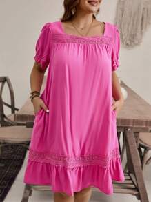 SHEIN VCAY Plus Size Women's Plain Simple Daily Short Sleeve Dress - Purple - View 5