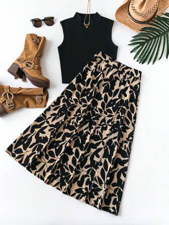 EMERY ROSE Einfarbige Weste mit Stehkragen und Rock mit botanischem Aufdruck für den Sommer für Damen, Urlaubsoutfit, 2-teilig/Set