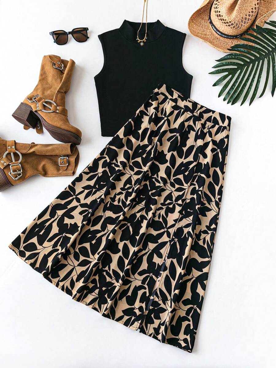 EMERY ROSE 女士夏季實色立領背心和植物印花裙子旅行套裝，2件套裝 - 彩色 - 查看 1