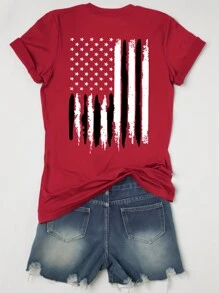 SHEIN LUNE Camiseta casual de mujer de talla grande con estampado estilo americano y manga corta para verano - Rojo - Ver 2