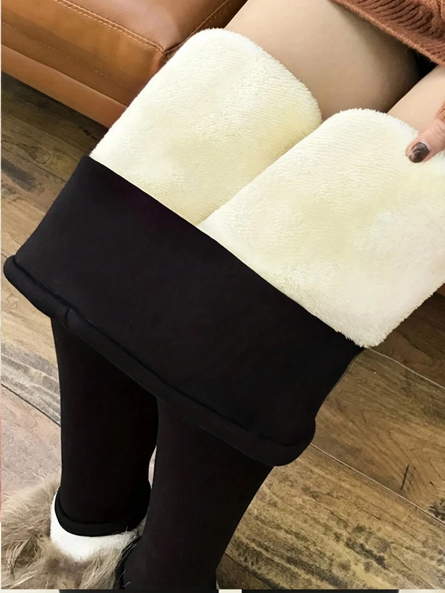 Plain And Simple Daily Wear Cat Pattern Coral Fleece Leggings - Black - View 1