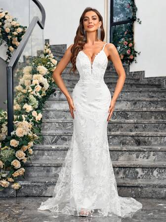 Vestido sin mangas de unicolor con decoración de encaje, material no elástico, para boda y uso diario, novia