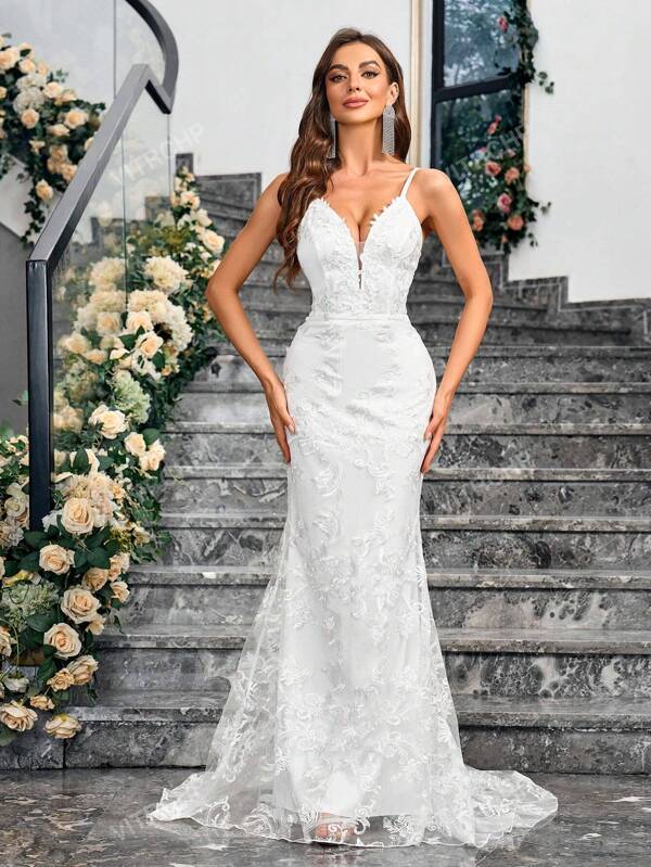 Vestido de Renda Decorado Simples e Sem Mangas de Cor Sólida para Mulheres, Material Não Elástico, para Casamento e Uso Diário, Noiva