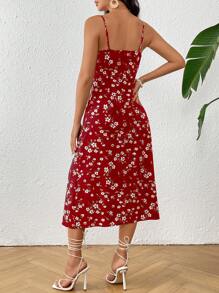 SHEIN VCAY 女式夏季假日花卉印花側開叉搭扣裙 - 紅色 - 查看 2