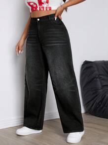 SHEIN EZwear Jeans de novio rectos informales con botones y bolsillos, de unicolor, para tallas grandes