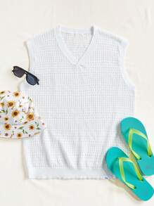 Manfinity VCAY 1pc Men Beach Outfits Summer Vacation Weave Casual Surfing Seaside Boho Basic V-Neck Knit Vest Beachwear