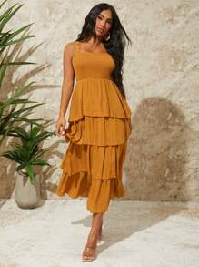 SHEIN SXY Vestido de estilo festivo para mujer con dobladillo de volantes de unicolor y tirantes de verano