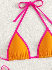 Swim Mod Set Bikini Halter Neck dengan Trim Kontras untuk Liburan dan Acara Santai di Pantai Musim Panas - Jeruk - View 4