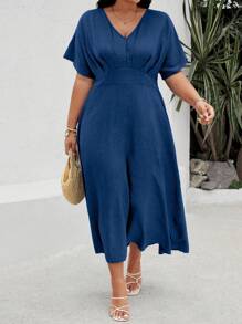 EMERY ROSE Plus Size Solid Color Gathered Waist Long Batwing Sleeve Holiday Casual Dress Maxi Women Outfit - Navy Blue - View 4