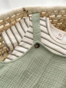 Cozy Pixies 嬰兒男童多彩條紋針織柔軟圓領短袖上衣和連體褲套裝，配帶 - 綠色 - 查看 3