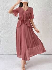 Modelyn 女士簡約純色透明網紗上衣裙子套裝，日常穿著 - 粉色 - 查看 4