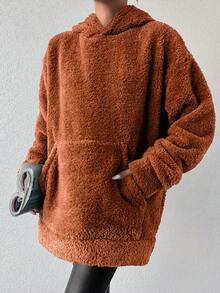 SHEIN Cottnline Kangaroo Pocket Drop Shoulder Fuzzy Hoodie - Ginger - View 5