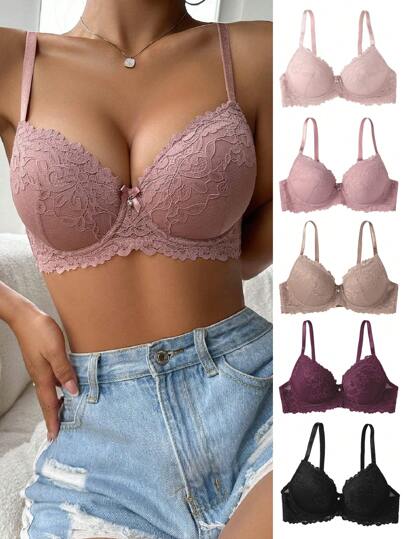 5pcs Romantic & Lovely Lace Push-Up Bra Set, Adjustable, Daily Wear, Small Chest Enhancer Lingerie