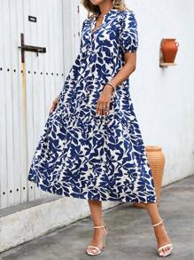 SHEIN LUNE 女士长款度假风格连衣裙，带缺口领口和印花图案，超长女士服装 - 藍色 - 查看 4