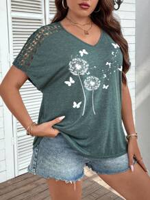 SHEIN LUNE Plus Size Women's Loose Fit V-Neck T-Shirt With Lace Shoulder And Dandelion Butterfly Print, Summer - Green - View 4