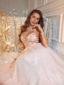 Floral Sequined Mesh Contrast Spaghetti Strap Prom Dress Elegant Semi Formal Wedding Guest Dress, For Birthday, Graduation, Homecoming - Pink - View 6