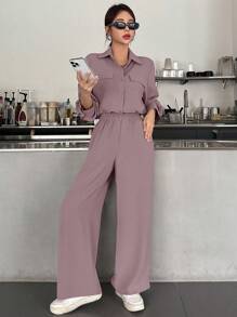 DAZY Women's Spring/Summer Casual Solid Color Long Sleeve Shirt And Pants Two Pieces Set,Fall Women Clothes