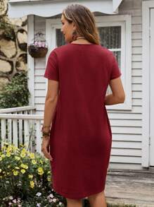 EMERY ROSE 夏季V領舒適寬鬆短袖連衣裙 - 酒紅色 - 查看 2