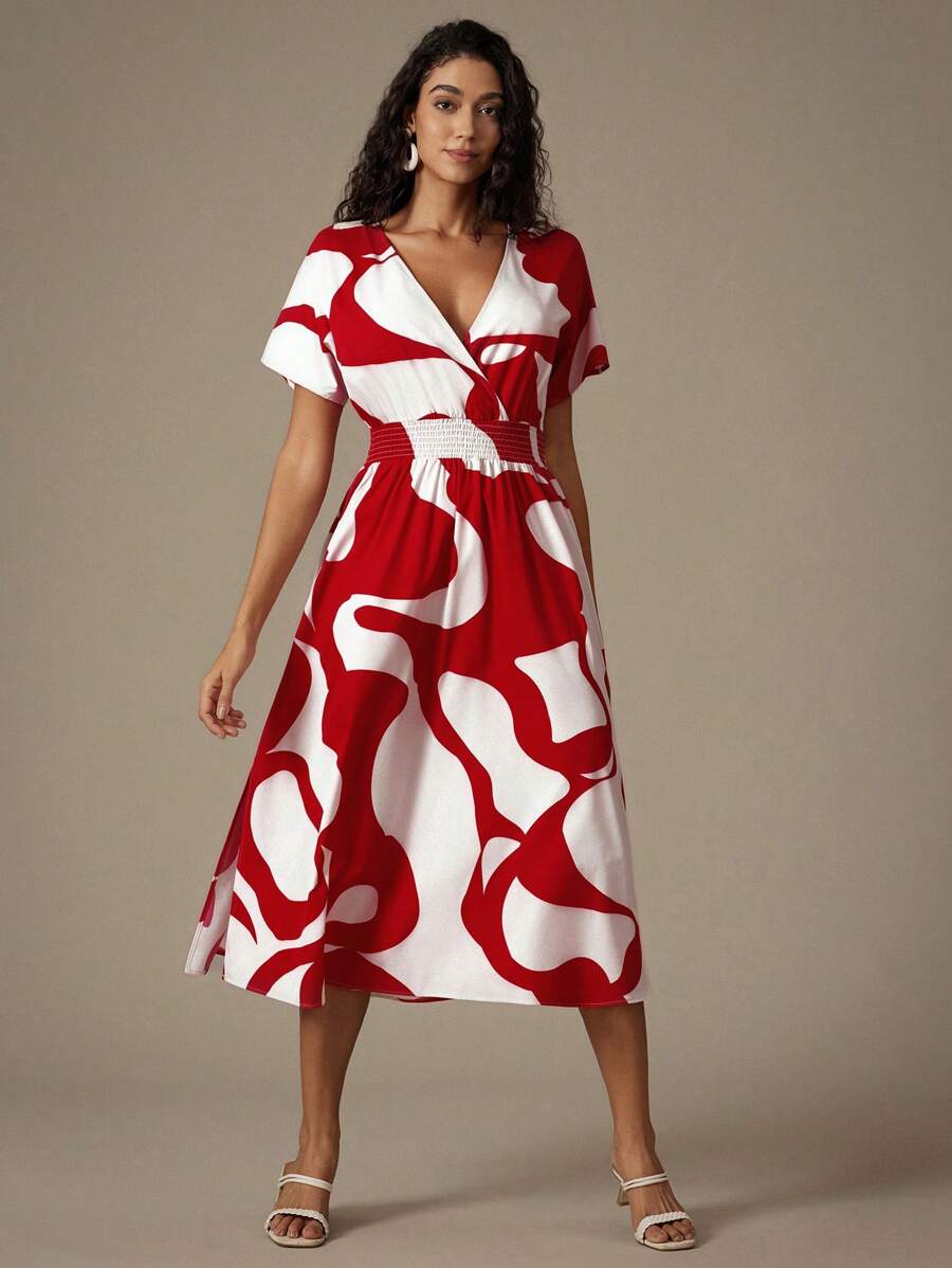 Aveloria Modichic 隨機印花假期風格V領束腰無後背優雅連衣裙 - 紅色 - 查看 1