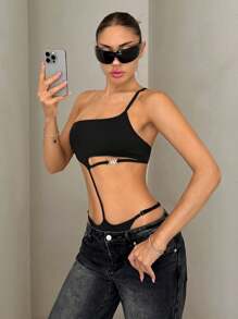 SHEIN ICON Y2k Summer  One Shoulder Hollow Out Bodysuit With Metal Hardware Detail And High Waist For Women