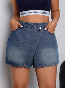 SHEIN EZwear 女性加大號純色休閒牛仔短褲，日常穿著 - 中等水洗藍 - 查看 2