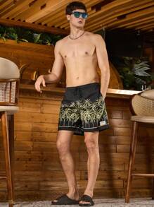 Manfinity Men's Summer Palm Tree Printed Drawstring Waist Beach Shorts