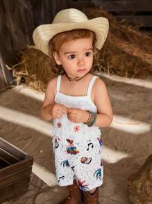 Baby Girl Casual Embroidered Floral Camisole Top With Vacation Style Shorts Set