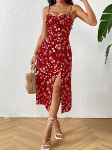 SHEIN VCAY 女式夏季假日花卉印花側開叉搭扣裙 - 紅色 - 查看 5