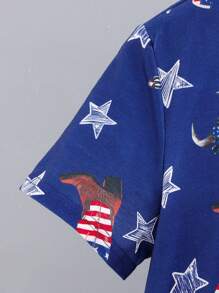 SHEIN Tween Boys' Loose-Fit Casual Pajamas Set With American Independence Day Theme Short-Sleeve Tee And Shorts - Navy Blue - View 5
