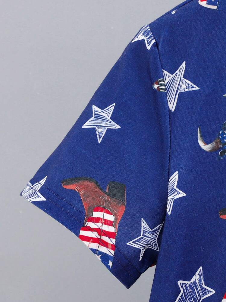 Tween Boys' Loose-Fit Casual Pajamas Set With American Independence Day Theme Short-Sleeve Tee And Shorts