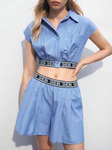 Maija Women's Summer Casual Blue Striped Letter Elastic Cropped Shirt And Shorts Set