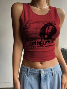 DAZY 圆领口号印花女士夏季休闲背心充满爱与幸福 - 紅色 - 查看 3