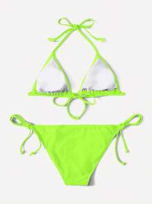 SHEIN Swim 女士霓虹綠雙肩帶性感比基尼套裝，夏季海灘霓虹泳衣 - 綠色 - 查看 2