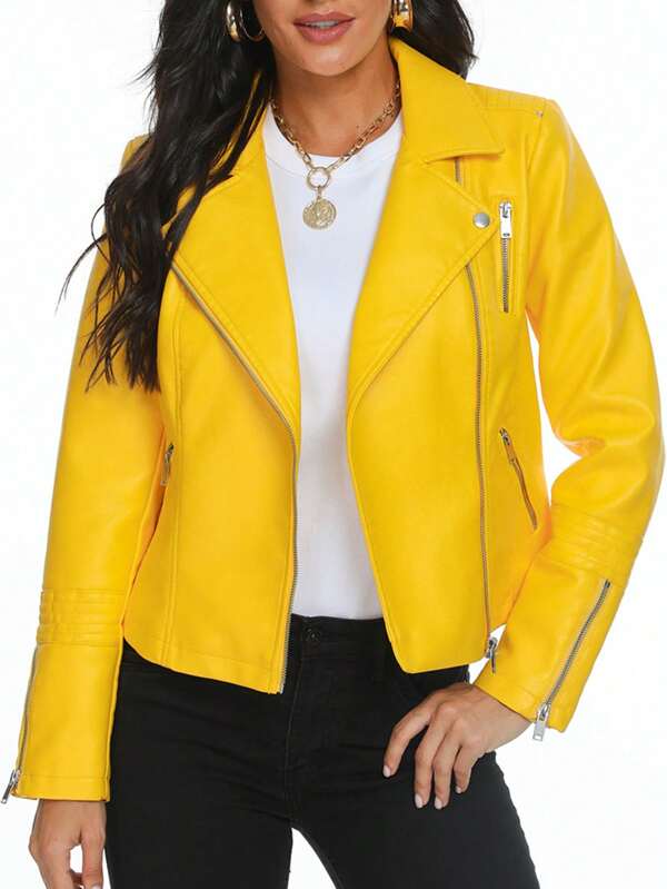 Giacca casual da donna a maniche lunghe, con chiusura lampo e colletto, di colore unito