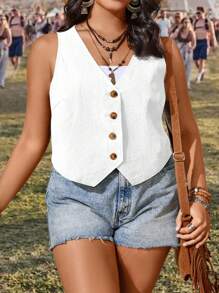 SHEIN VCAY 大尺碼度假V領單排釦針織背心開衫