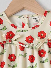 SHEIN Baby Mädchen Modisches Elegantes Digital bedrucktes Kurzarmhemd und Jeans-Overall-Kleid-Set, Sommer - Verschiedenfarbig - Übersicht 7