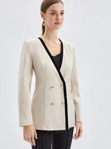 BizChic Women's Regular Fit Collarless Coat With Double-breasted Buttons And Contrast Trim - Apricot - View 3
